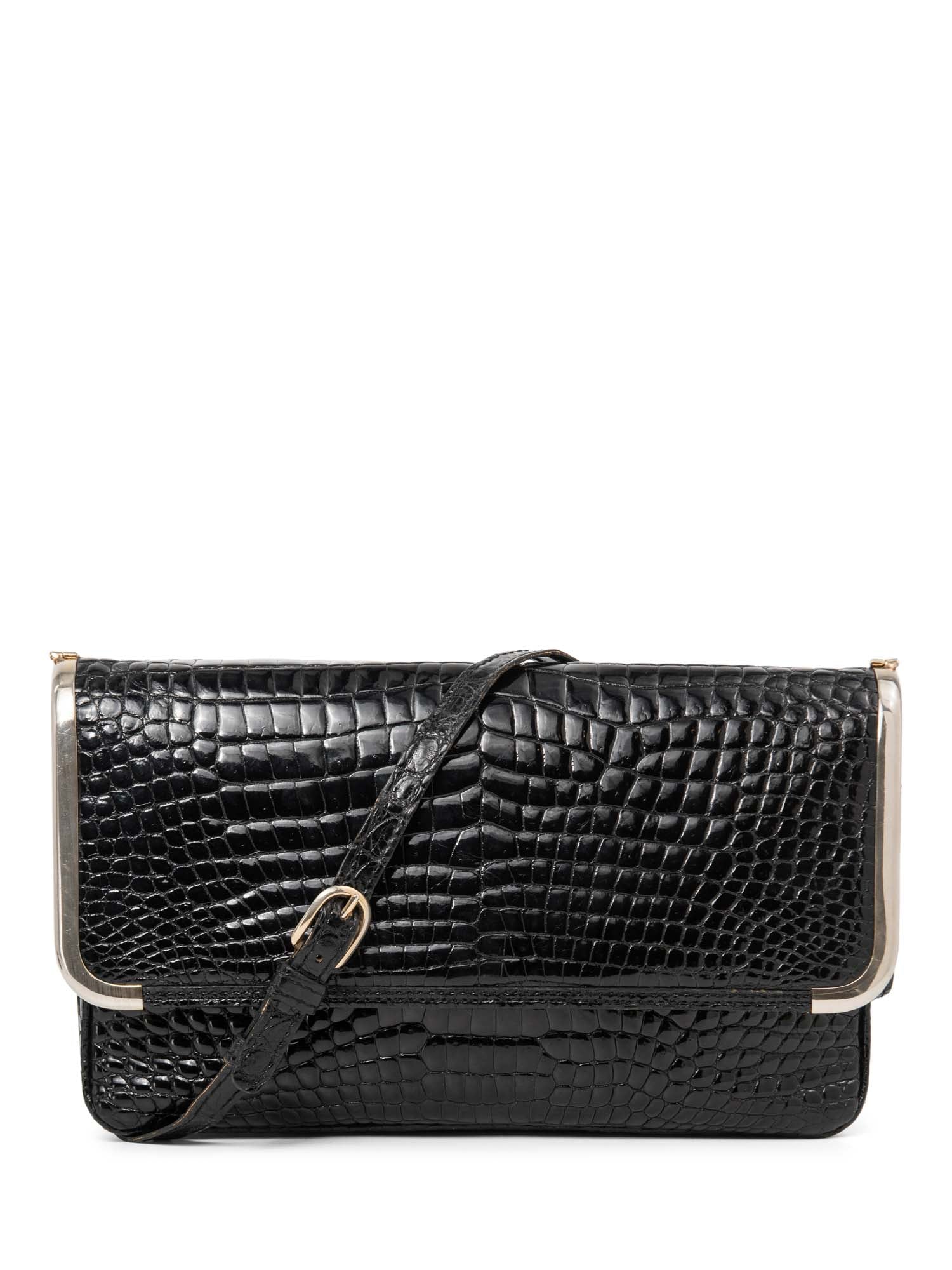 Loewe Crocodile Leather Flap Bag Black Gold