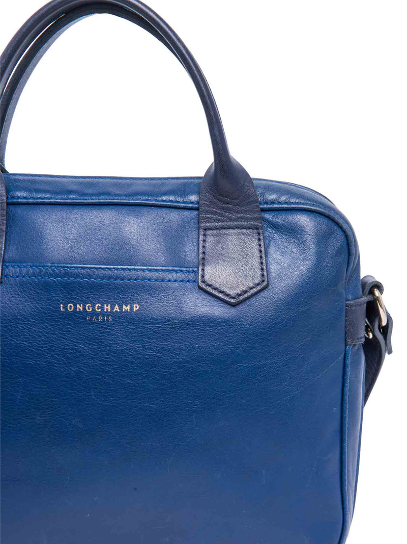 Longchamp Logo Leather Top Handle Messenger Bag Blue-designer resale