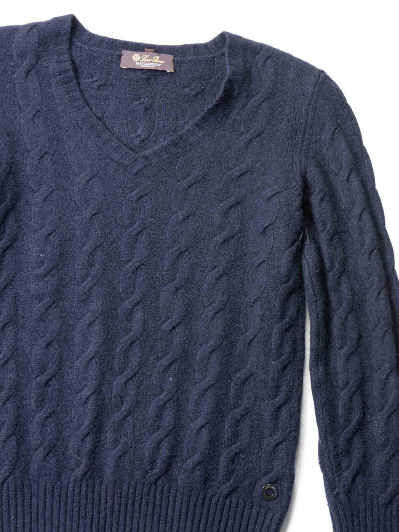 Loro Piana Logo Baby Cashmere Cable Knit Sweater Navy Blue-designer resale