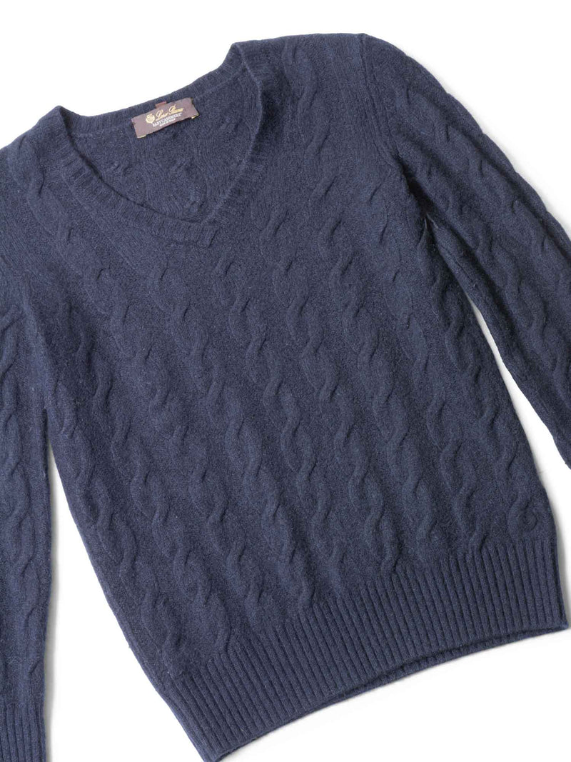 Loro Piana Logo Baby Cashmere Cable Knit Sweater Navy Blue-designer resale