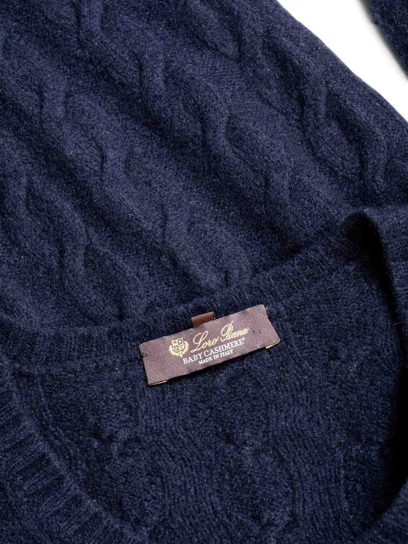 Loro Piana Logo Baby Cashmere Cable Knit Sweater Navy Blue-designer resale