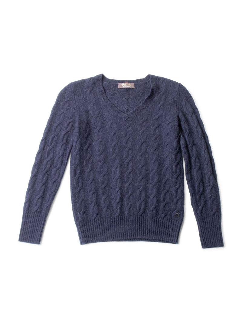 Loro Piana Logo Baby Cashmere Cable Knit Sweater Navy Blue-designer resale