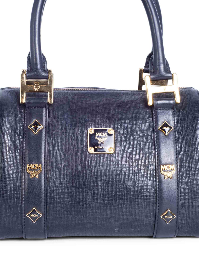 MCM Logo Saffiano Leather Top Handle Mini Boston Bag Black-designer resale