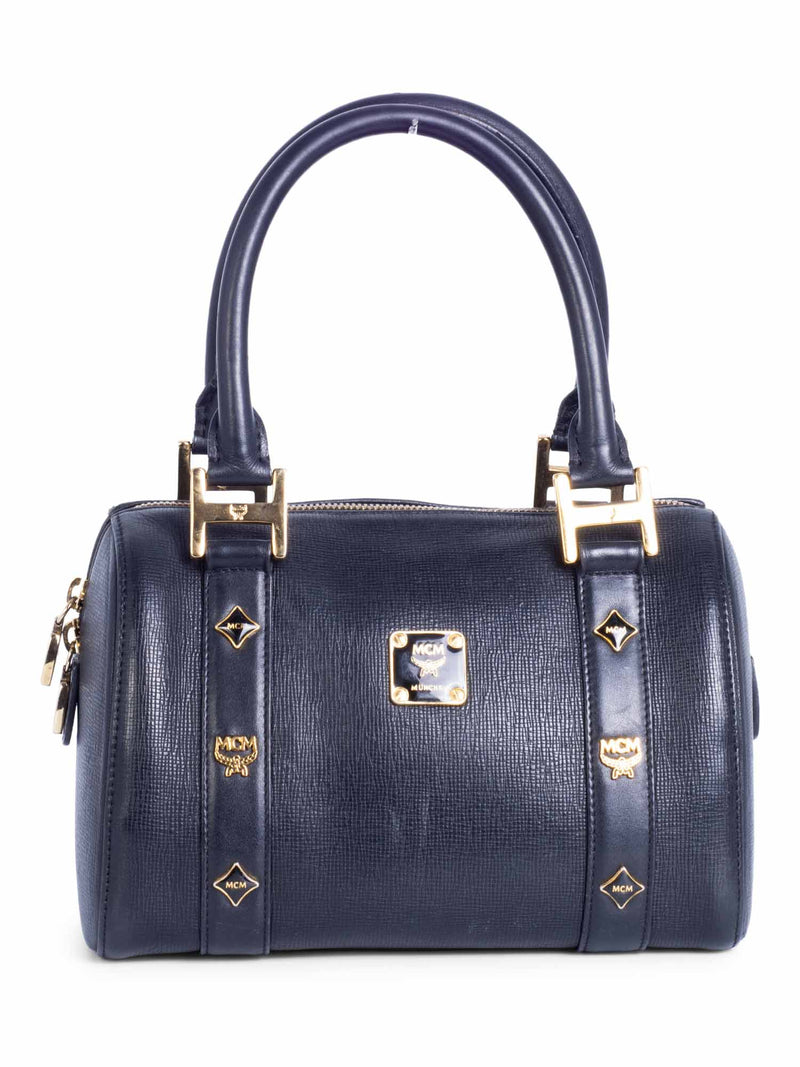 MCM Logo Saffiano Leather Top Handle Mini Boston Bag Black-designer resale