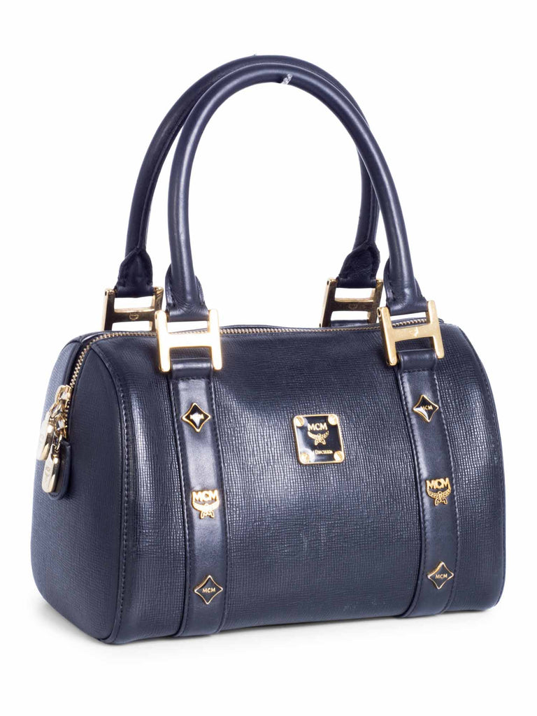 MCM Logo Saffiano Leather Top Handle Mini Boston Bag Black-designer resale