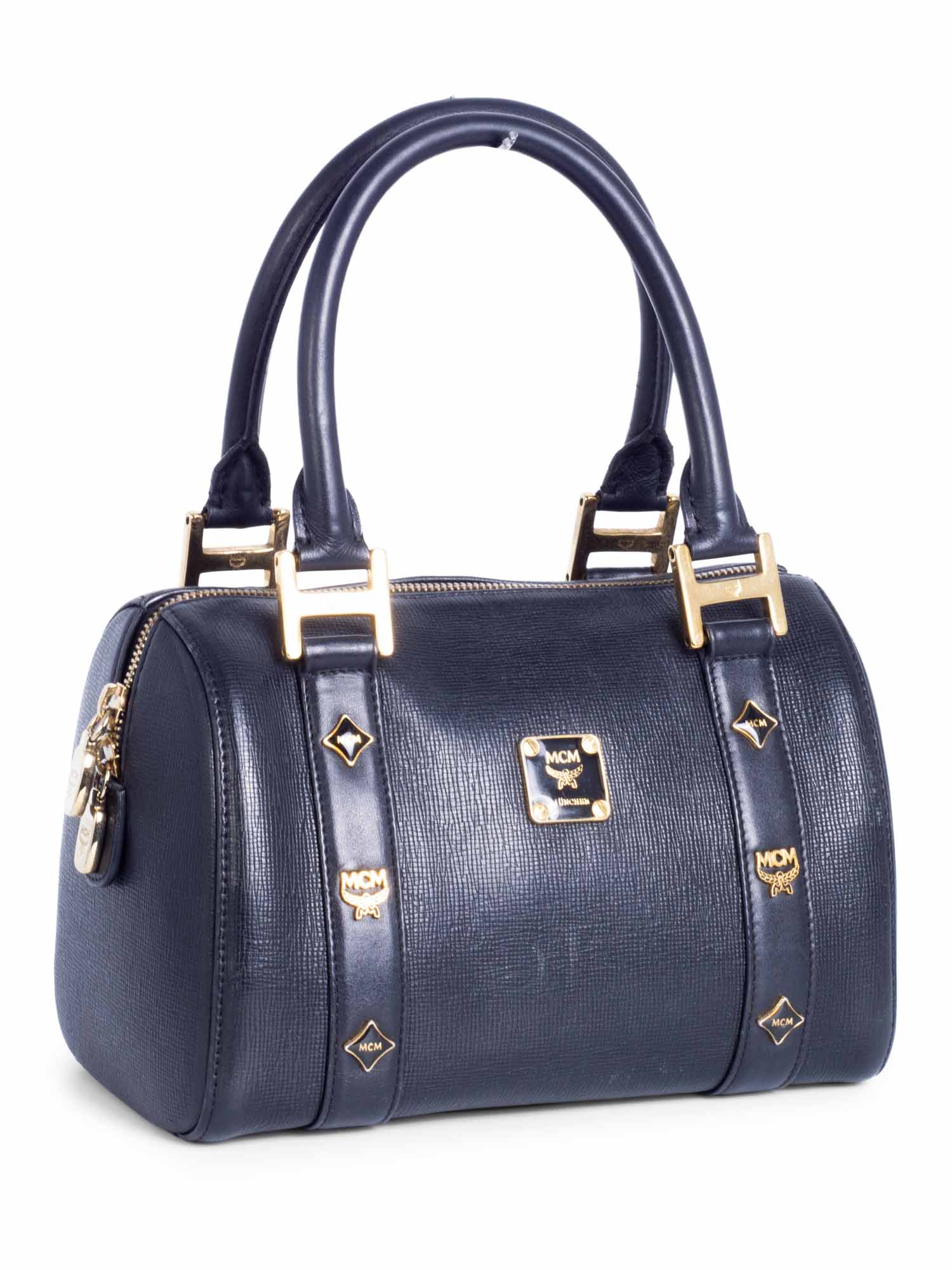 MCM Logo Saffiano Leather Top Handle Mini Boston Bag Black