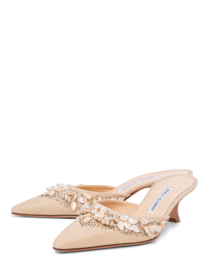 Manolo Blahnik Canvas Mother of Pearl Slingback Heels Ivory-designer resale