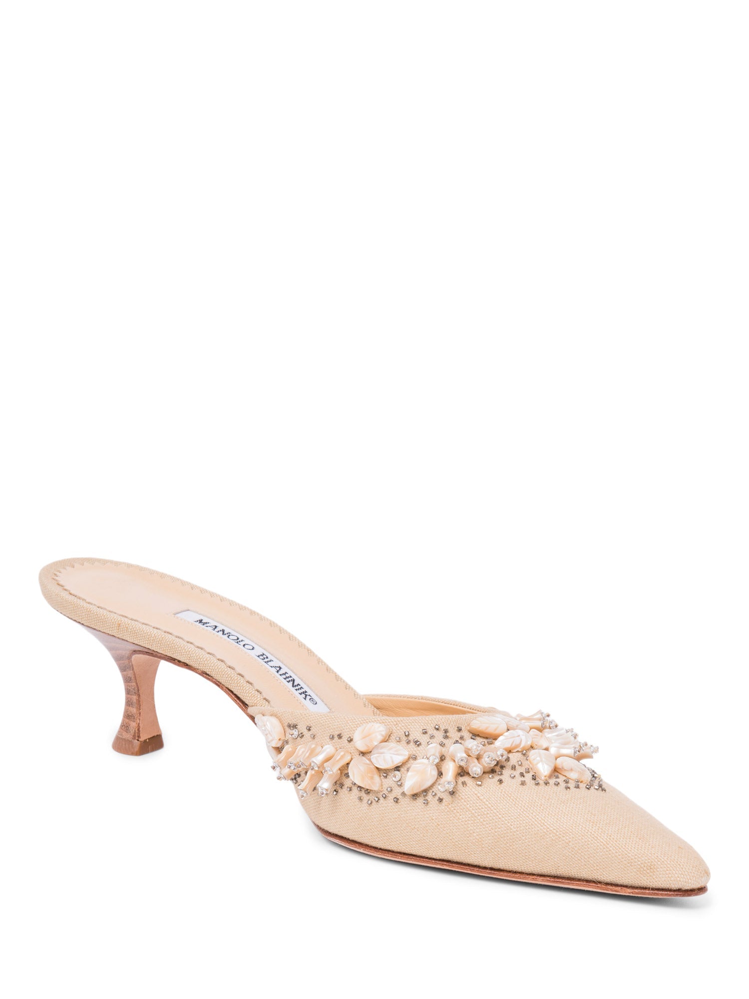 Manolo Blahnik Canvas Mother of Pearl Slingback Heels Ivory