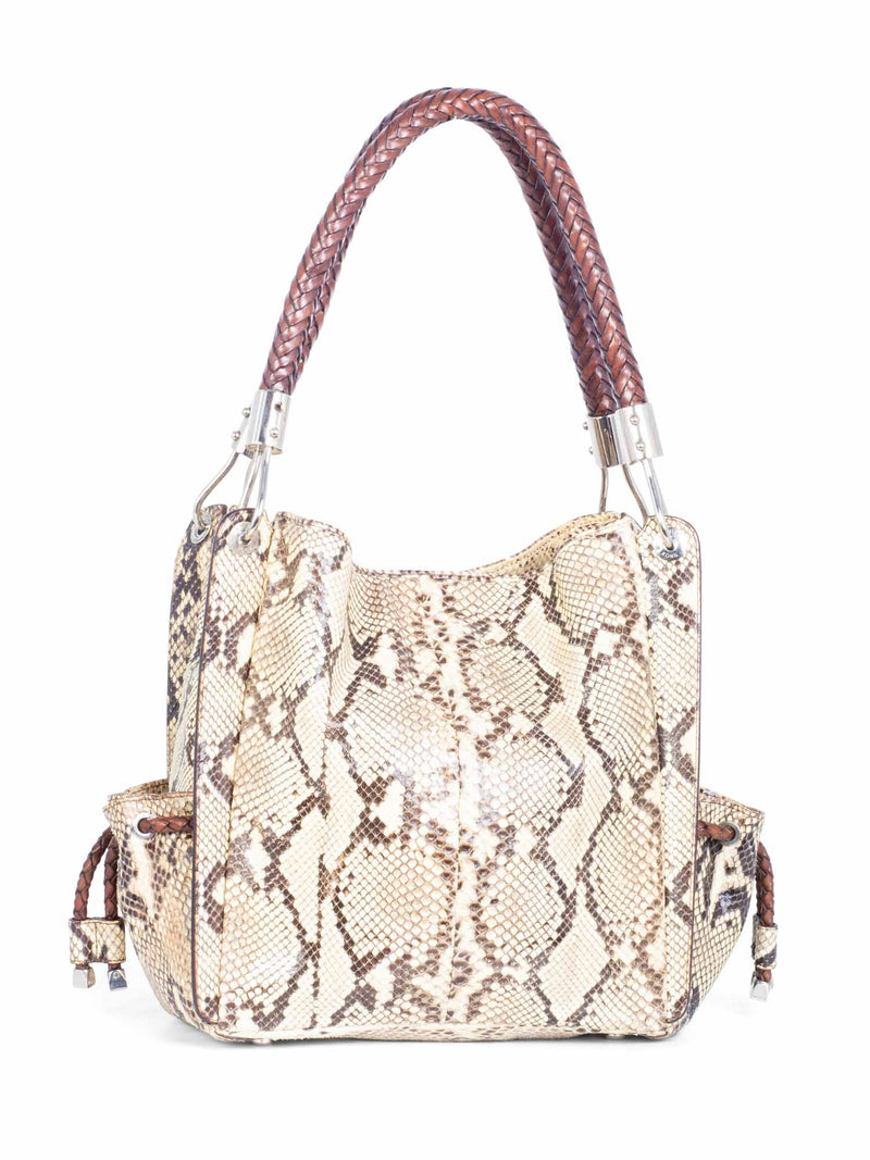 Michael Kors Logo Snakeskin Woven Tote Bag Beige Brown-designer resale