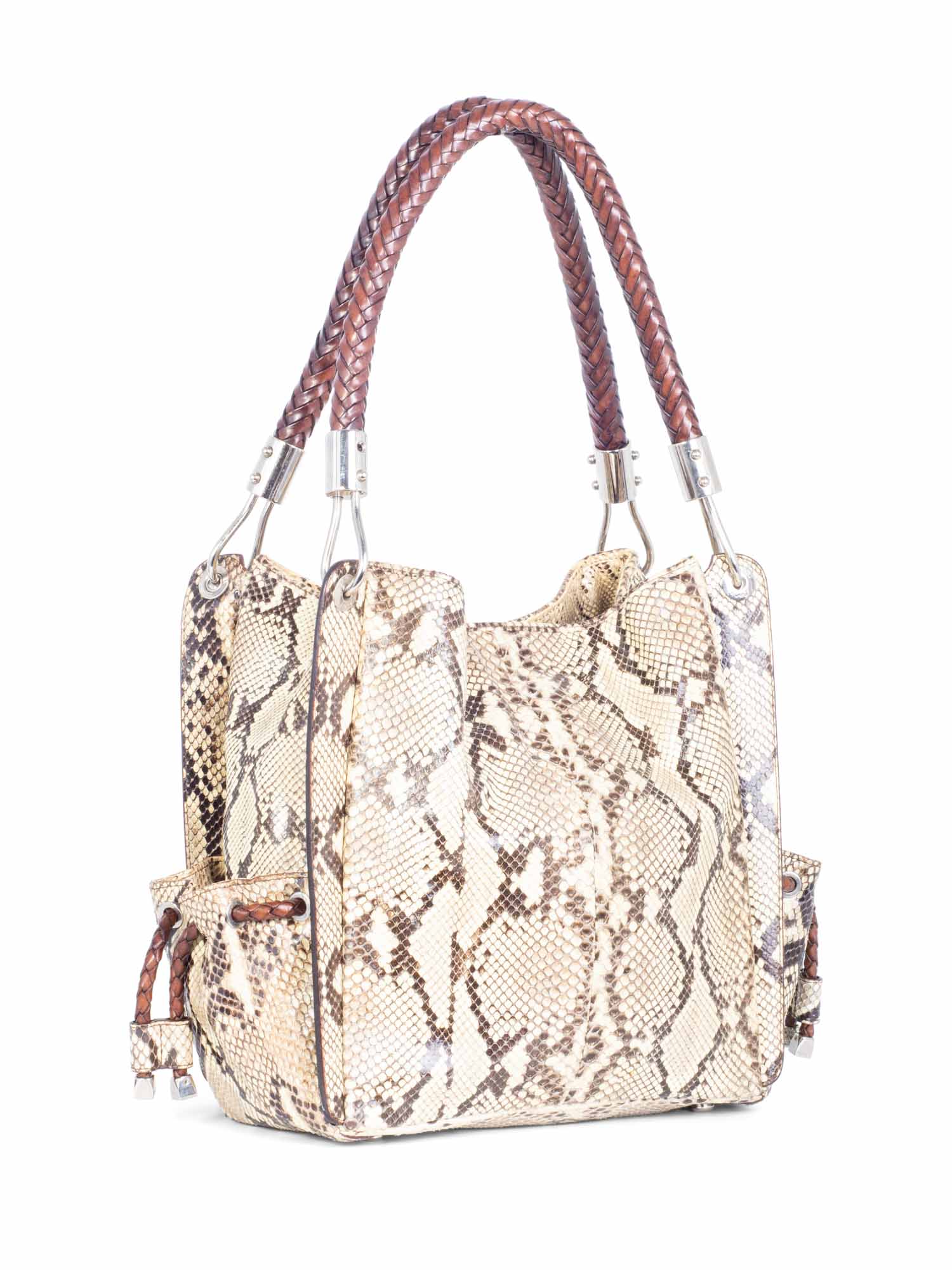 Michael Kors Logo Snakeskin Woven Tote Bag Beige Brown-designer resale