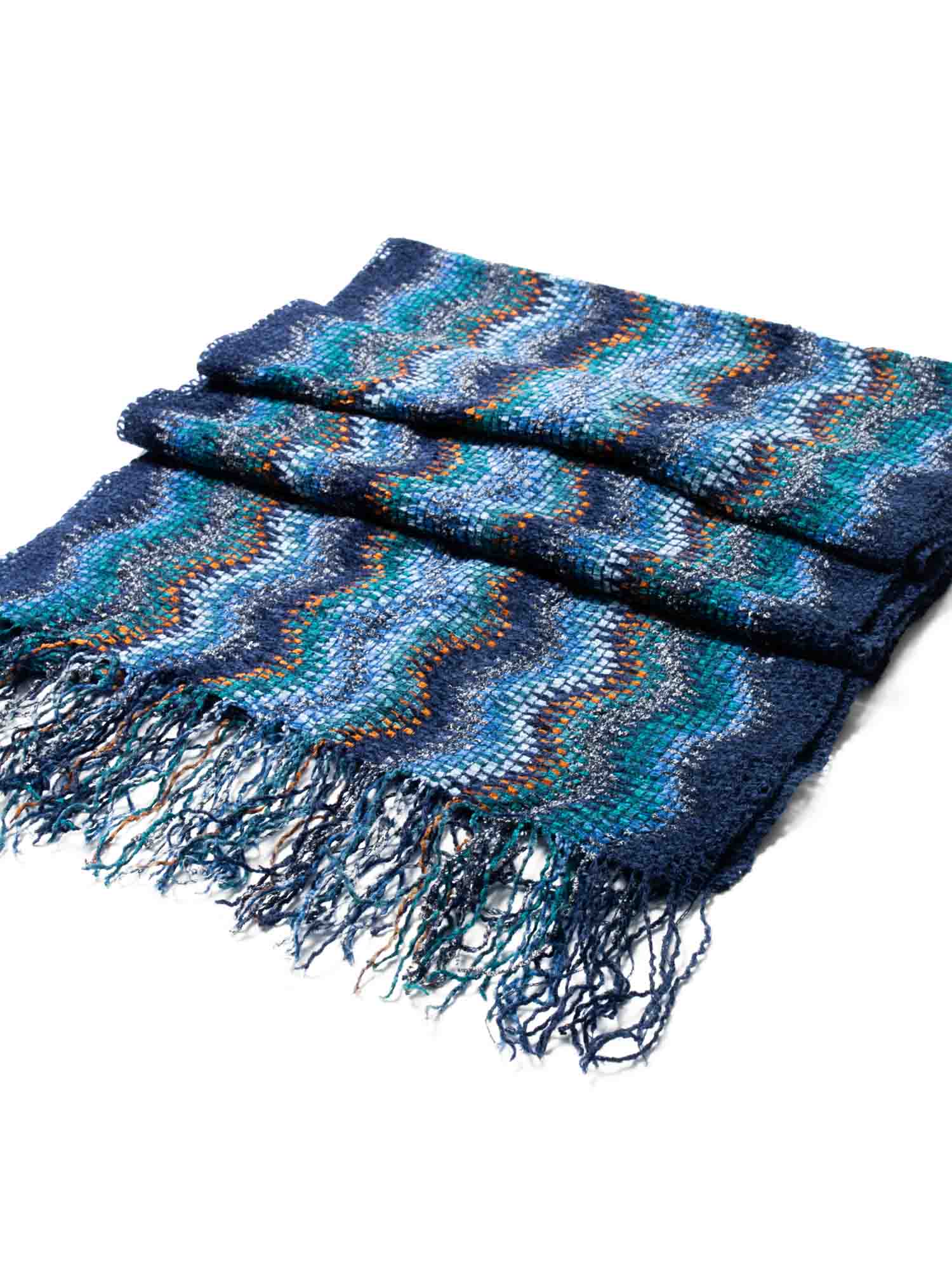 Missoni Knitted Chevron Striped Fringe Scarf Blue Multicolor