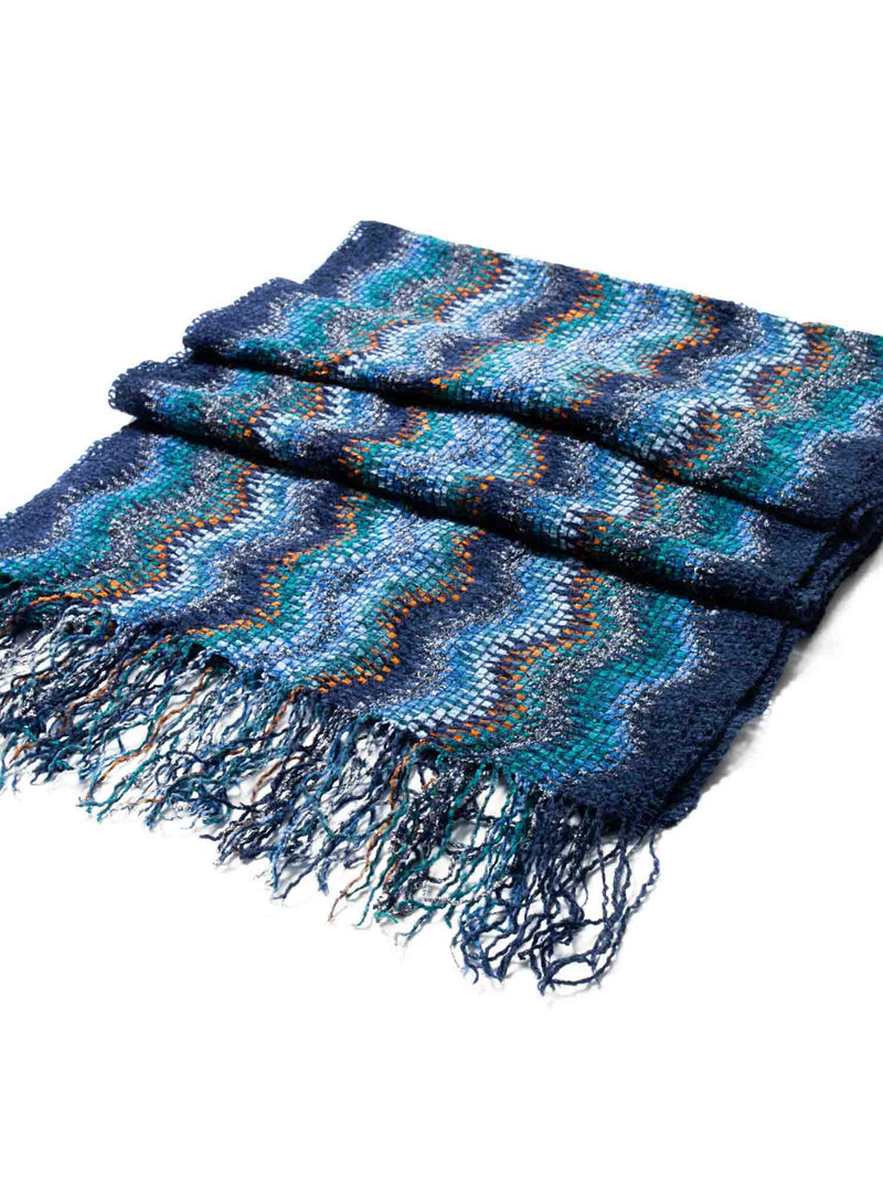 Missoni Knitted Chevron Striped Fringe Scarf Blue Multicolor-designer resale