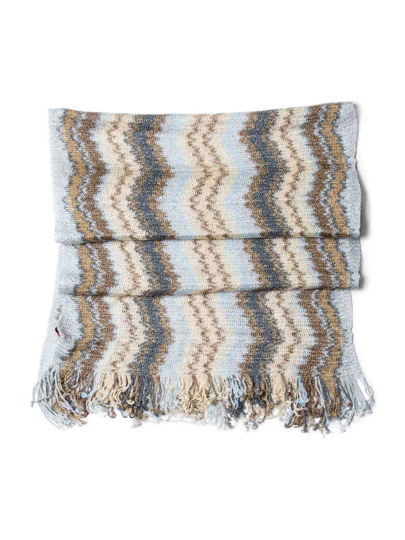 Missoni Knitted Chevron Striped Fringe Scarf Brown Multicolor-designer resale