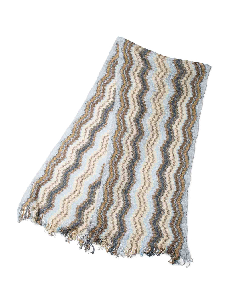 Missoni Knitted Chevron Striped Fringe Scarf Brown Multicolor-designer resale