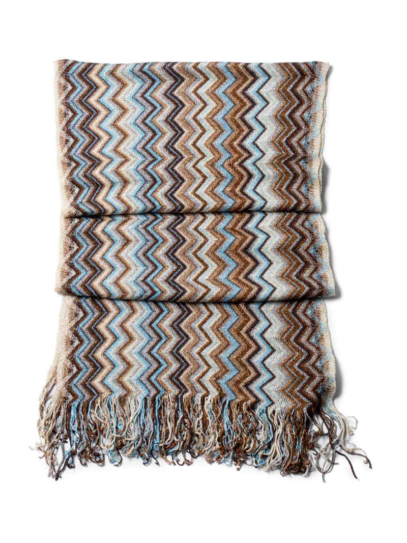 Missoni Knitted Chevron Striped Fringe Scarf Brown Multicolor-designer resale