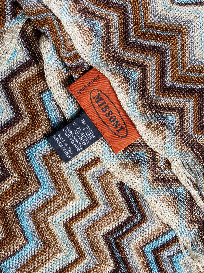 Missoni Knitted Chevron Striped Fringe Scarf Brown Multicolor-designer resale