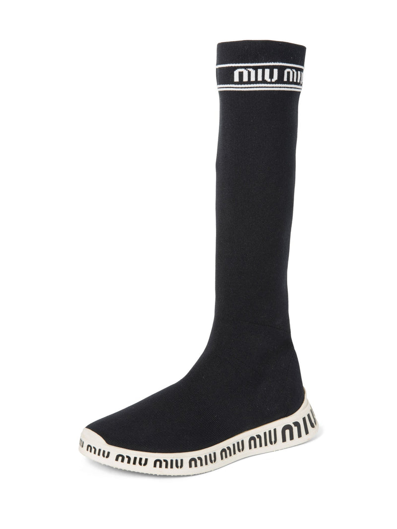 Miu Miu Logo Knitted Sock Boot Black White-designer resale