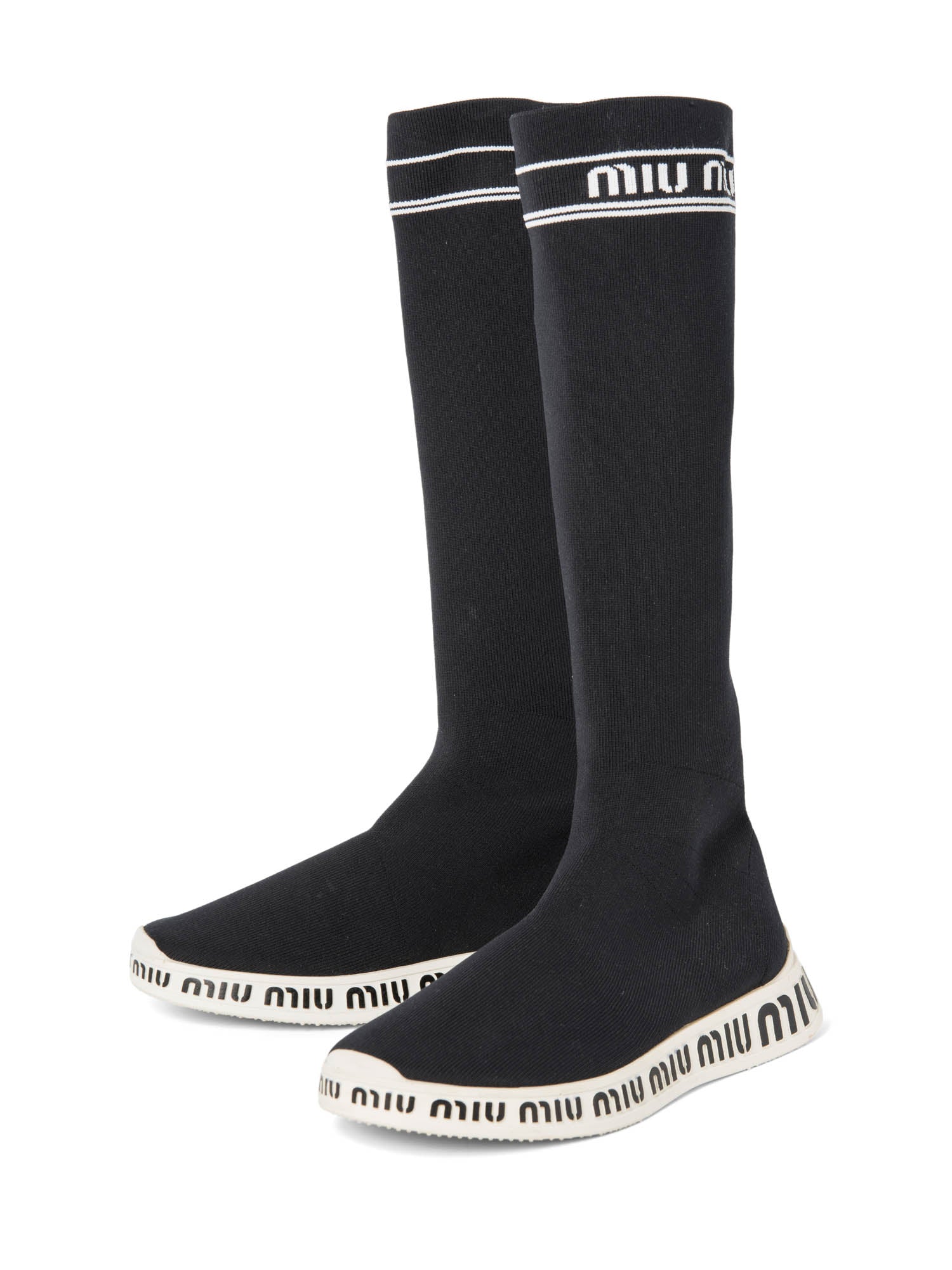 Miu Miu Logo Knitted Sock Boot Black White-designer resale