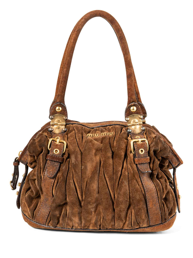 Miu Miu Logo Suede Ruched Top Handle Bag Brown-designer resale