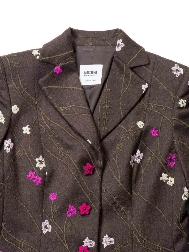 Moschino Wool Floral Embroidered Jacket Skirt Suit Brown