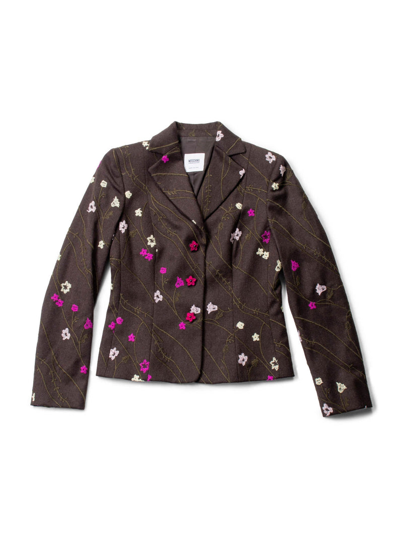 Moschino Wool Floral Embroidered Jacket Skirt Suit Brown-designer resale