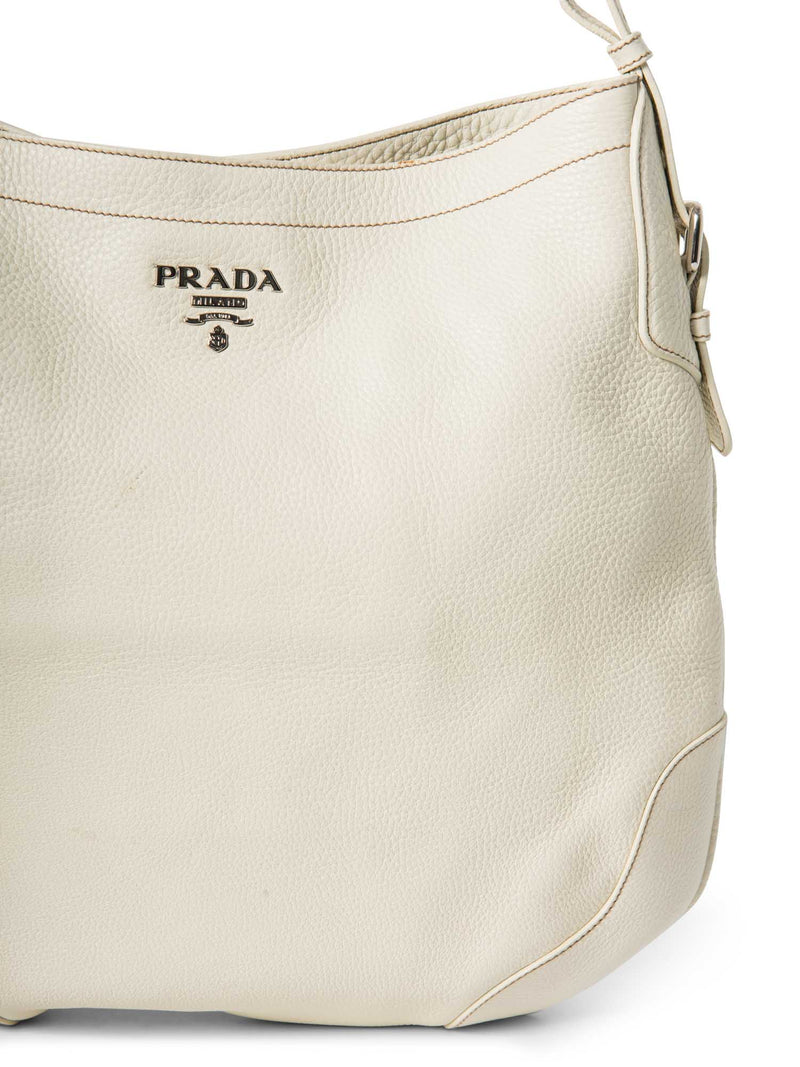 Prada Logo Leather Woven Handle Hobo Bag White Silver-designer resale