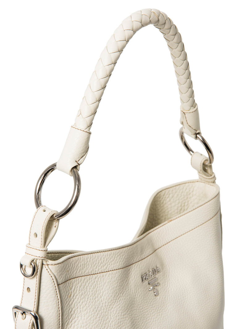 Prada Logo Leather Woven Handle Hobo Bag White Silver-designer resale