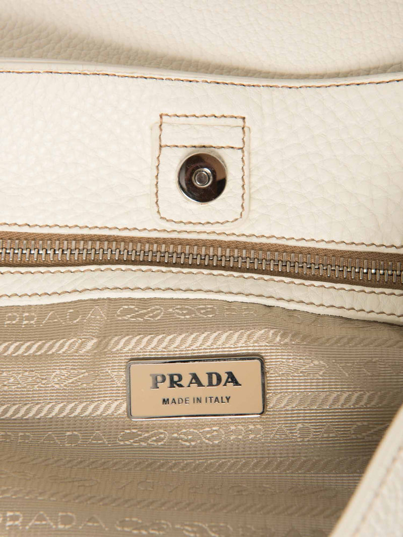 Prada Logo Leather Woven Handle Hobo Bag White Silver-designer resale