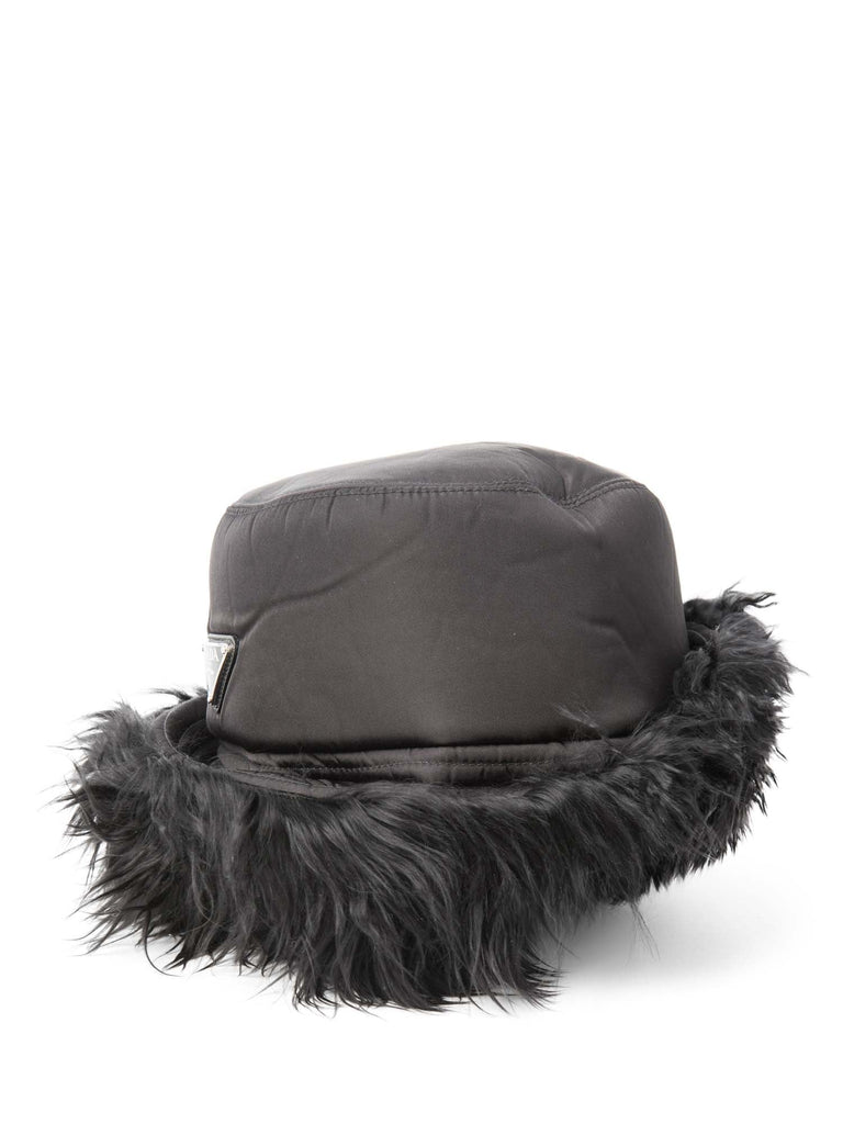 Prada Logo Nylon Fur Lined Bucket Hat Black-designer resale