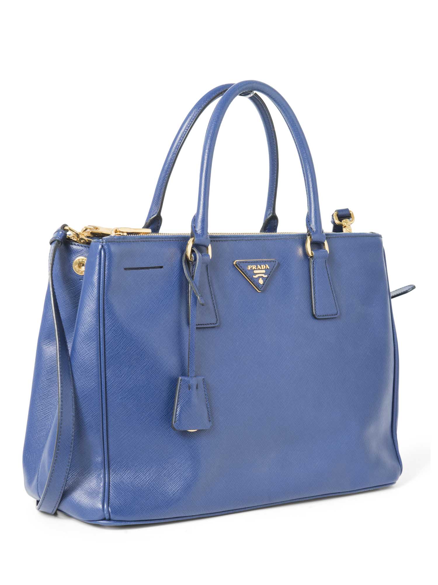 Prada Logo Saffiano Leather Double Zip Shopper Bag Royal Blue