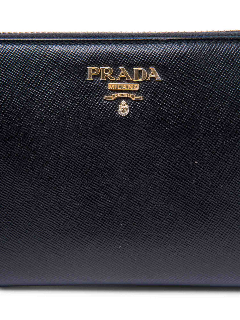 Prada Logo Saffiano Leather Zip Around Wallet Black Pink