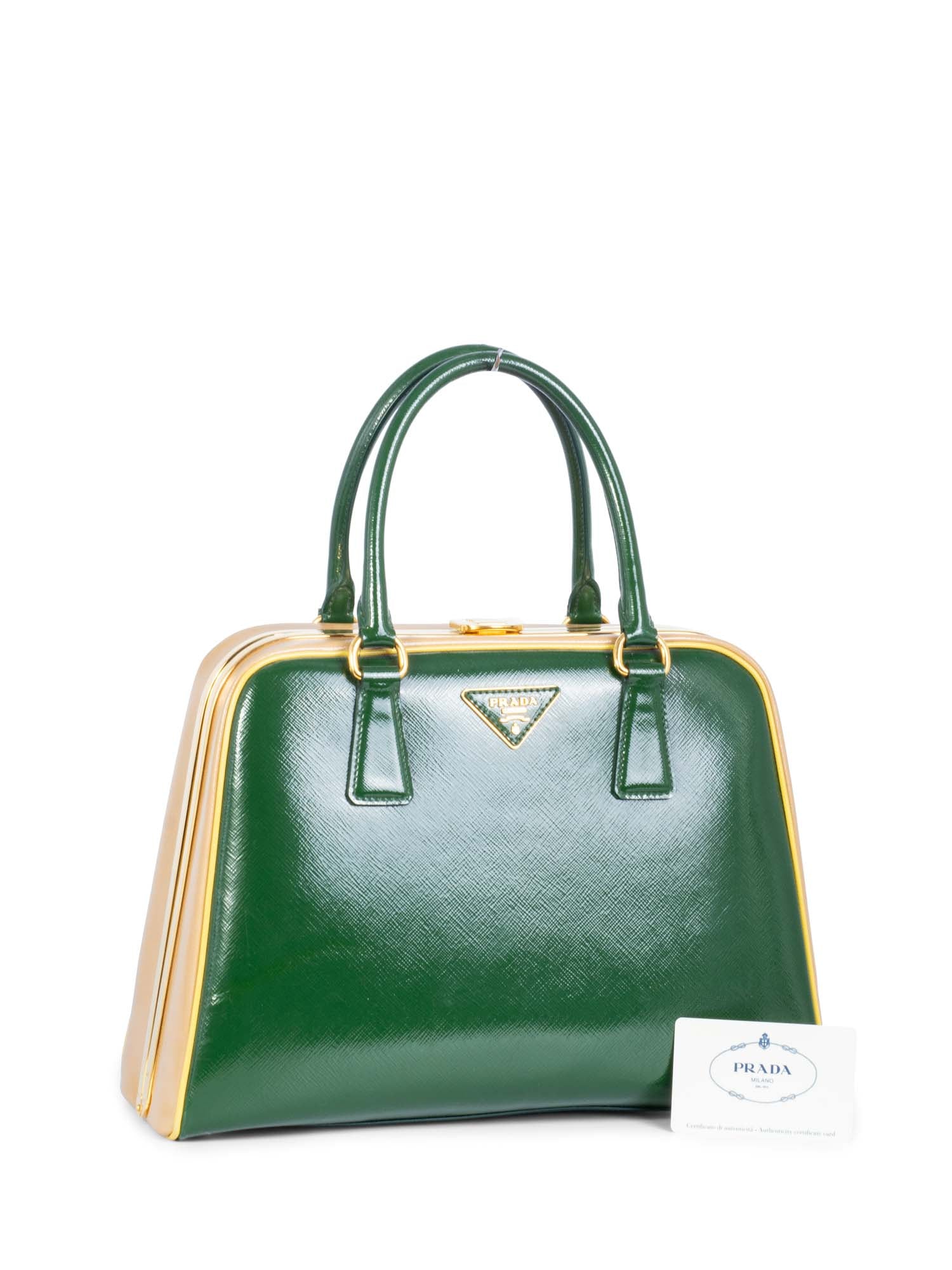 Prada Logo Shiny Saffiano Leather Top Handle Bag Green Beige