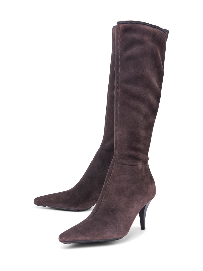 Prada Logo Suede Knee High Boots Brown-designer resale