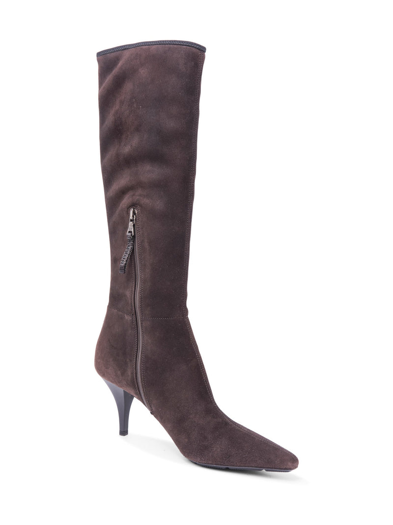 Prada Logo Suede Knee High Boots Brown-designer resale