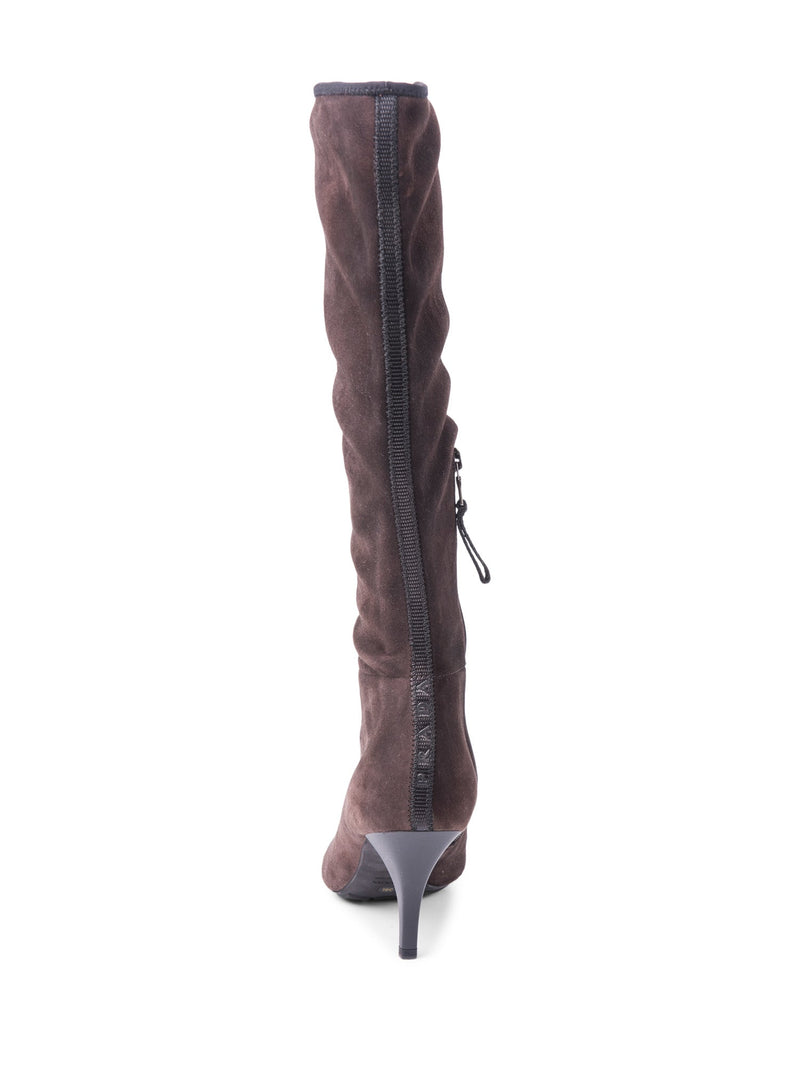 Prada Logo Suede Knee High Boots Brown-designer resale