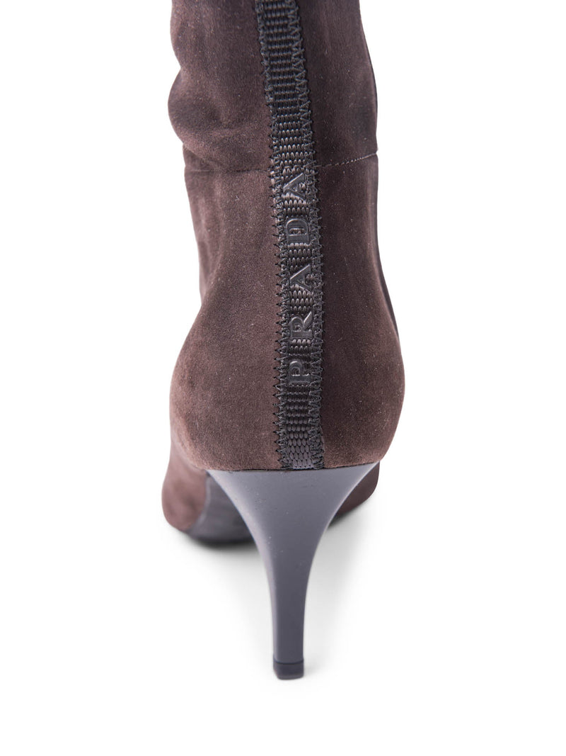 Prada Logo Suede Knee High Boots Brown-designer resale