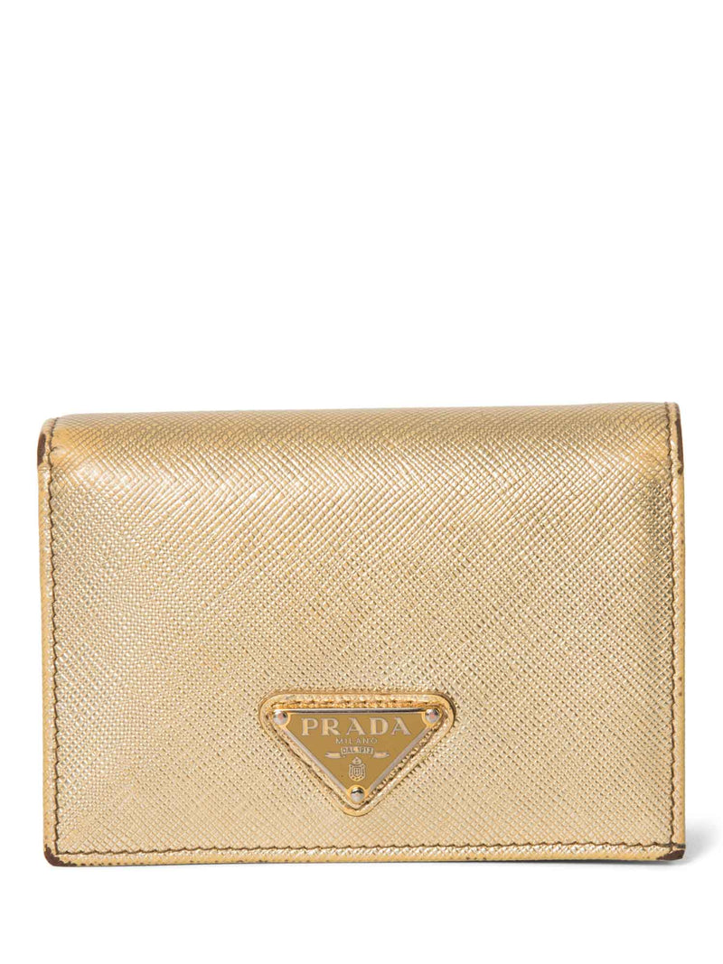 Prada Logo Tessuto Leather Compact Wallet Gold-designer resale