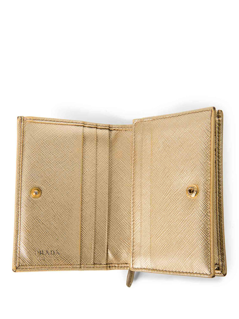 Prada Logo Tessuto Leather Compact Wallet Gold-designer resale