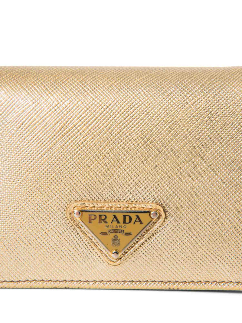 Prada Logo Tessuto Leather Compact Wallet Gold-designer resale