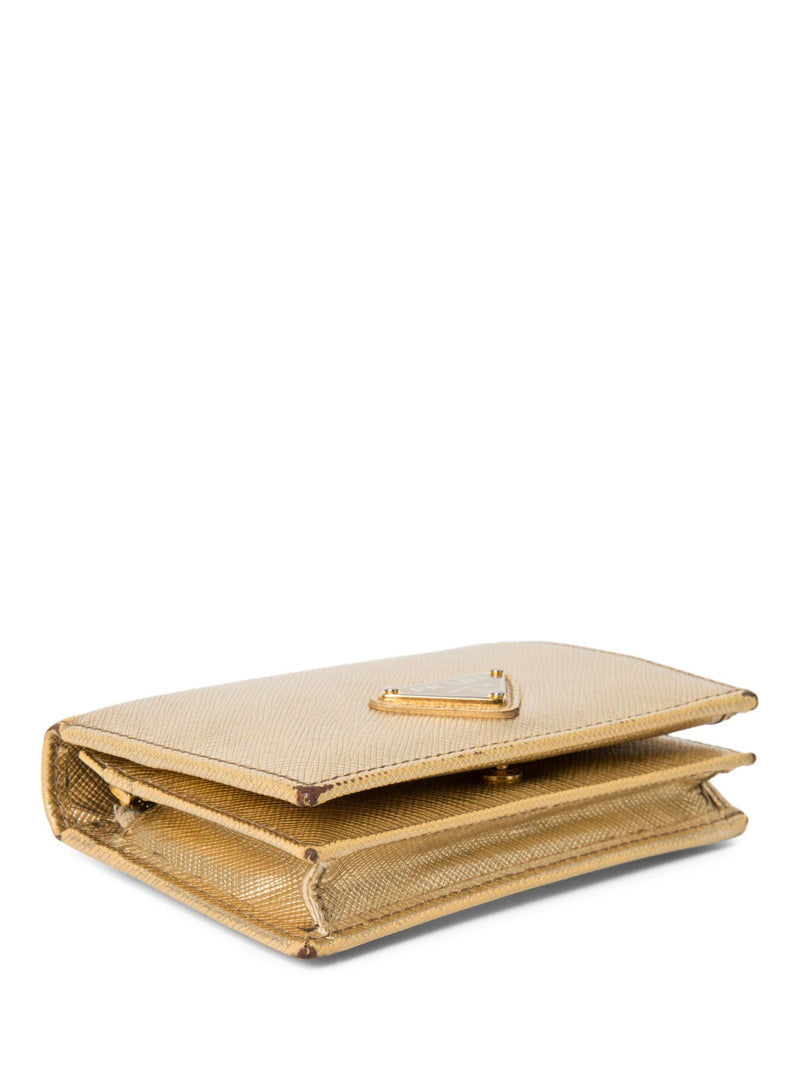 Prada Logo Tessuto Leather Compact Wallet Gold-designer resale