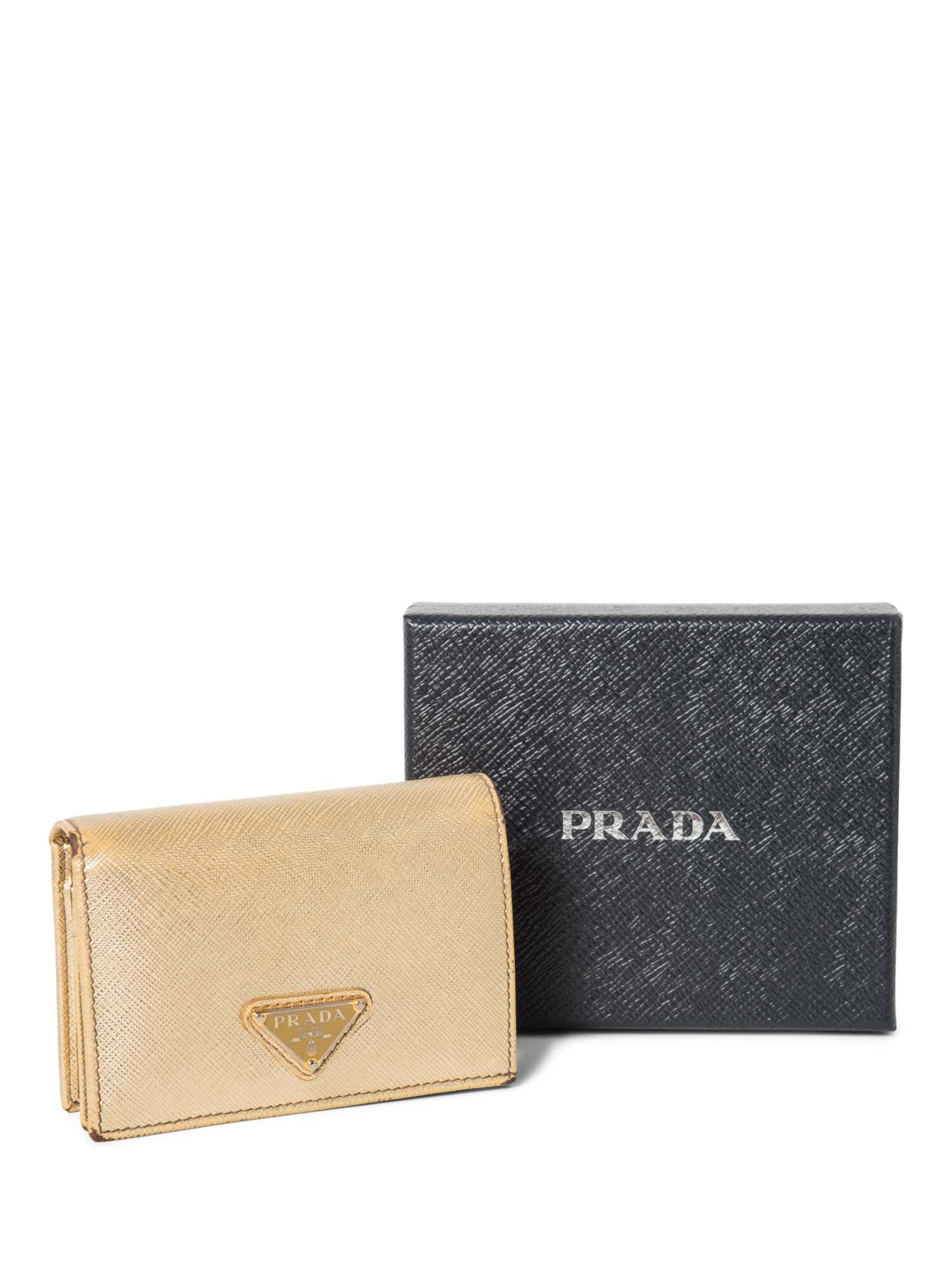 Prada Logo Tessuto Leather Compact Wallet Gold-designer resale