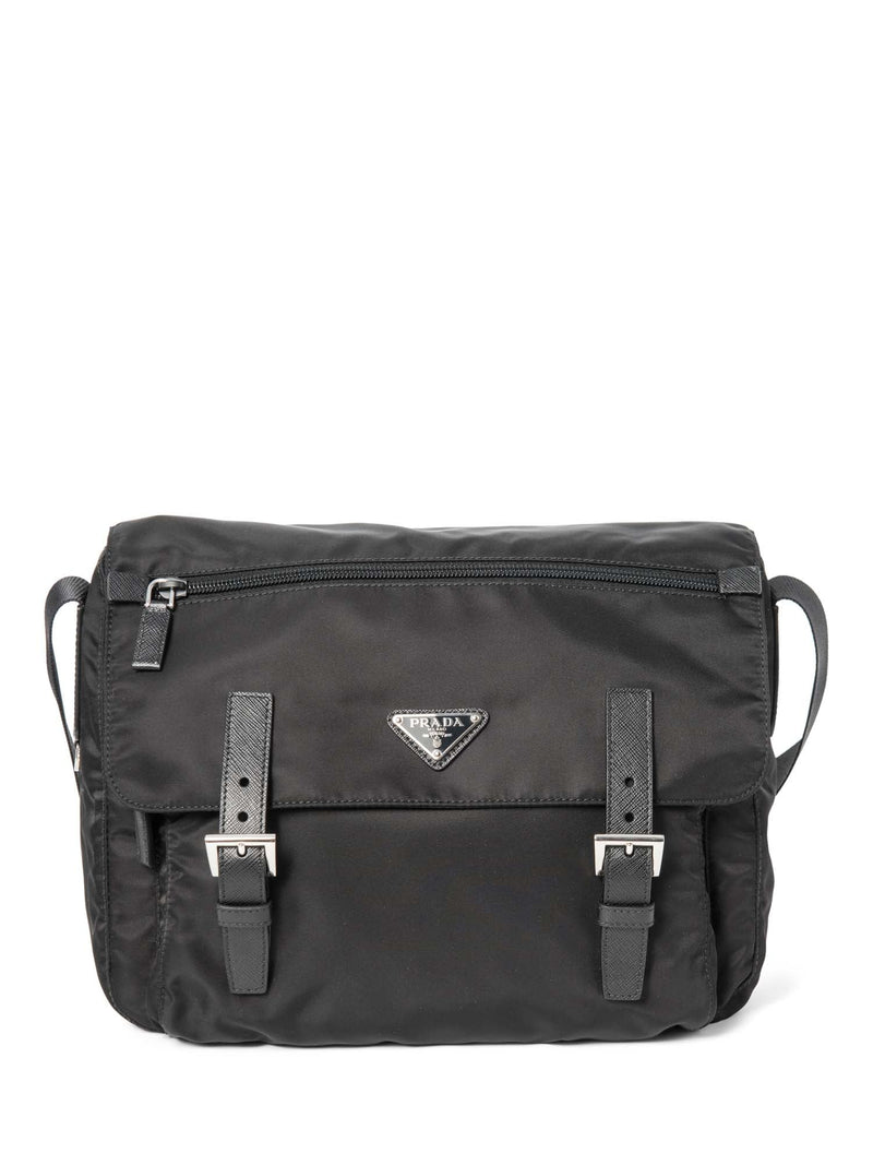 Prada Logo Tessuto Nylon Messenger Bag Black Silver-designer resale