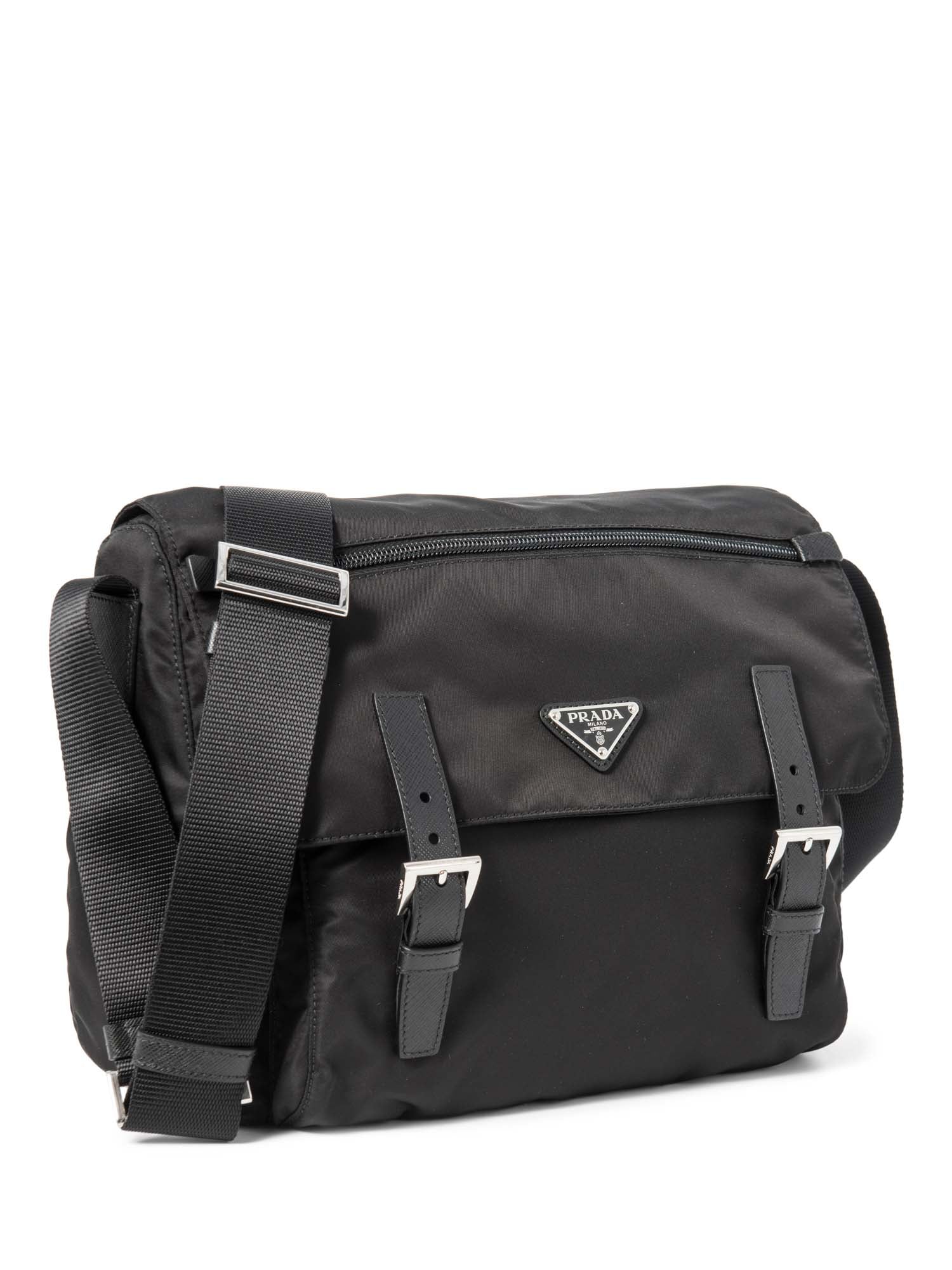 Prada Logo Tessuto Nylon Messenger Bag Black Silver-designer resale