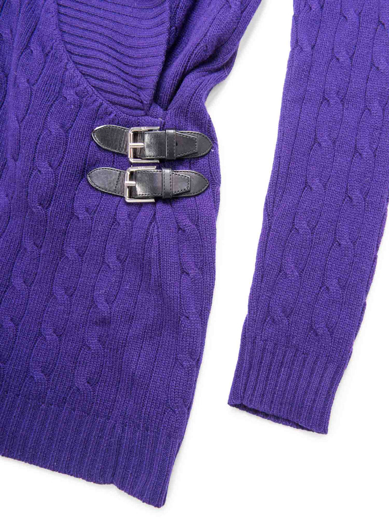 Ralph Lauren Cable Knit Cashmere Leather Buckles Sweater Purple-designer resale