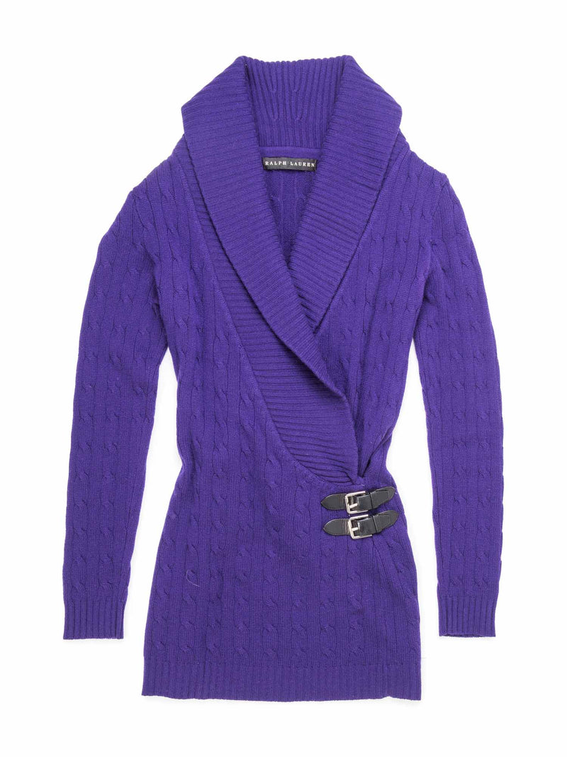 Ralph Lauren Cable Knit Cashmere Leather Buckles Sweater Purple-designer resale