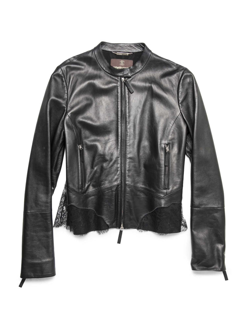 Roberto Cavalli Lace Leather Biker Jacket Black-designer resale