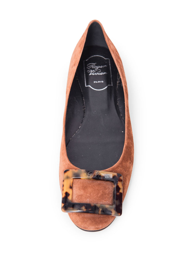 Roger Vivier Logo Suede Tortoiseshell Buckle Flats Brown-designer resale