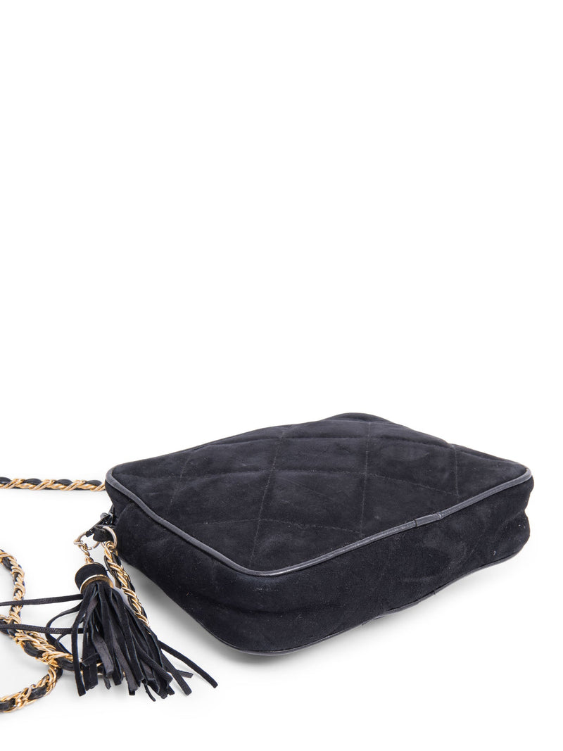 Saks Fifth Avenue Suede Quilted Tassel Messenger Bag Black-designer resale