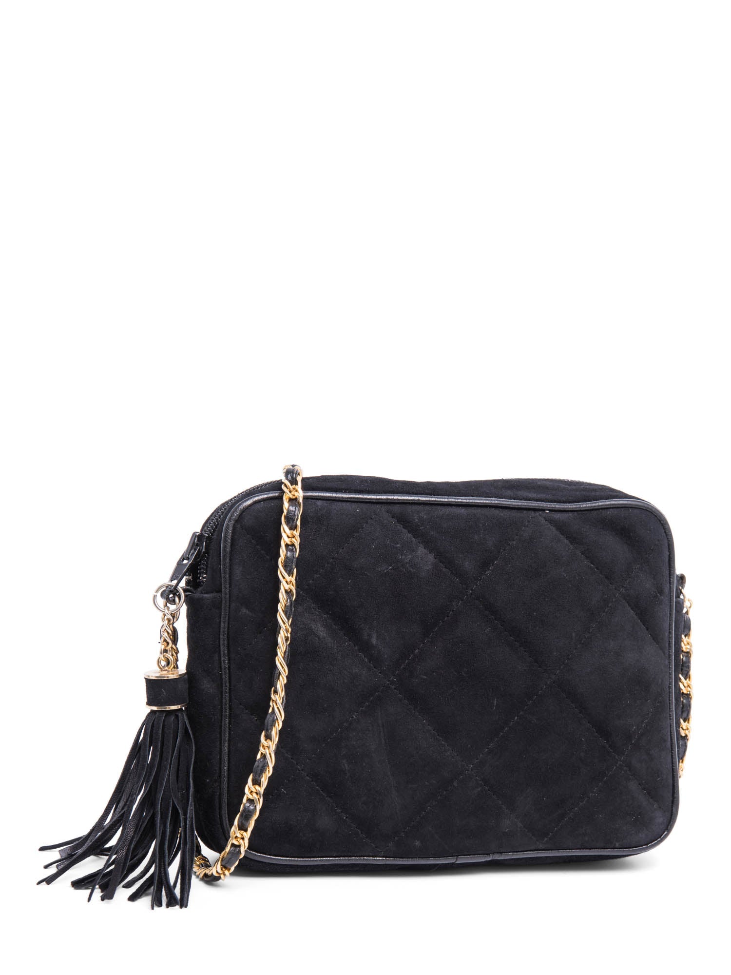 Saks Fifth Avenue Suede Quilted Tassel Messenger Bag Black-designer resale