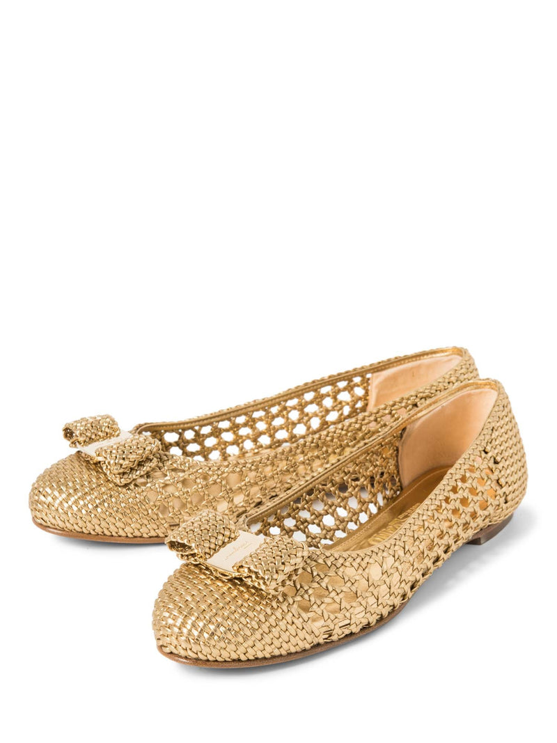 Salvatore Ferragamo Logo Vara Bow Woven Ballet Flats Gold-designer resale